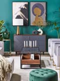 Miniatyrbillede 5 af 10: Sofabord mørkt træ med sort glasplade Metalstel Opbevaringsfunktion Rektangulært moderne design