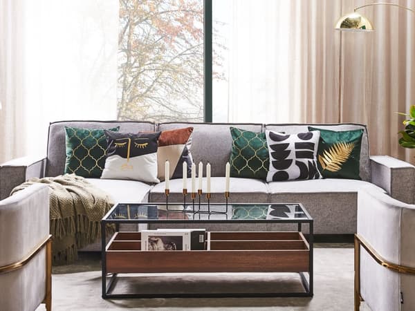 Sofabord mørkt træ med sort glasplade Metalstel Opbevaringsfunktion Rektangulært moderne design