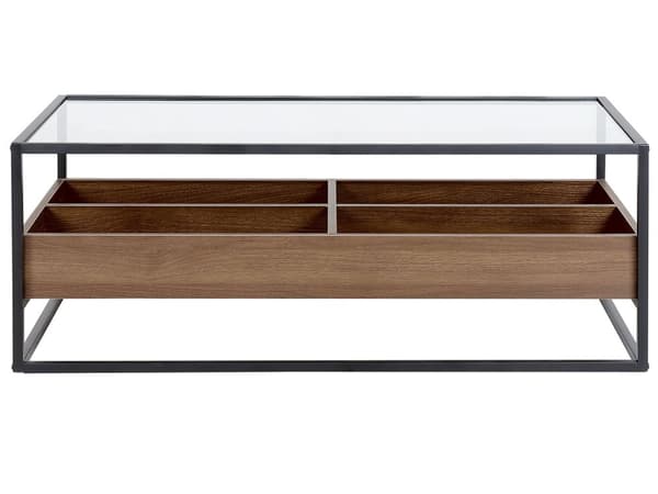 Sofabord mørkt træ med sort glasplade Metalstel Opbevaringsfunktion Rektangulært moderne design