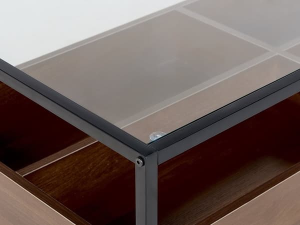 Sofabord mørkt træ med sort glasplade Metalstel Opbevaringsfunktion Rektangulært moderne design