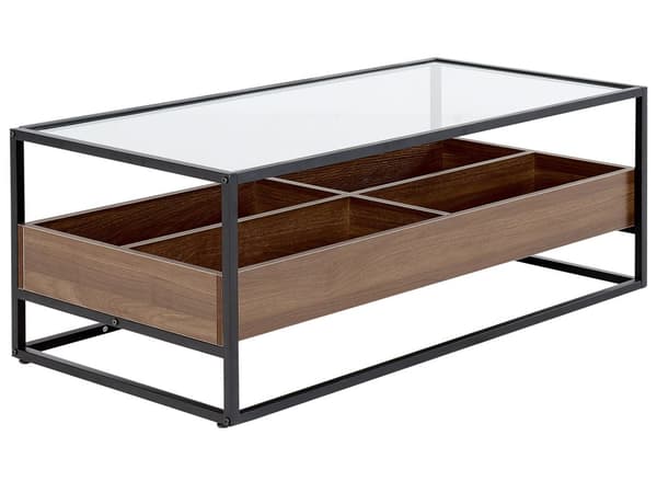 Sofabord mørkt træ med sort glasplade Metalstel Opbevaringsfunktion Rektangulært moderne design
