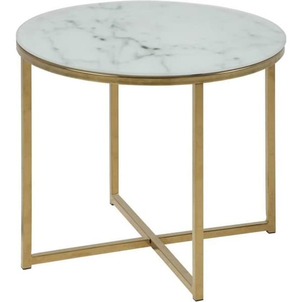 ALISMA Runt soffbord i guldkrom i modern stil + transparent glasskiva med vitt marmortryck - L 50 x B 50 cm