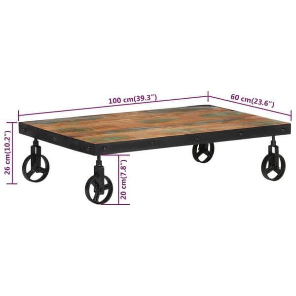 vidaXL sofabord med hjul 100x60x26 cm massivt genbrugstræ