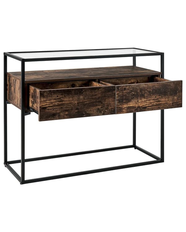 Konsolbord Mörk Trä med Svart Glasskiva Metallram Förvaringsfunktion Rektangulär Modern Design