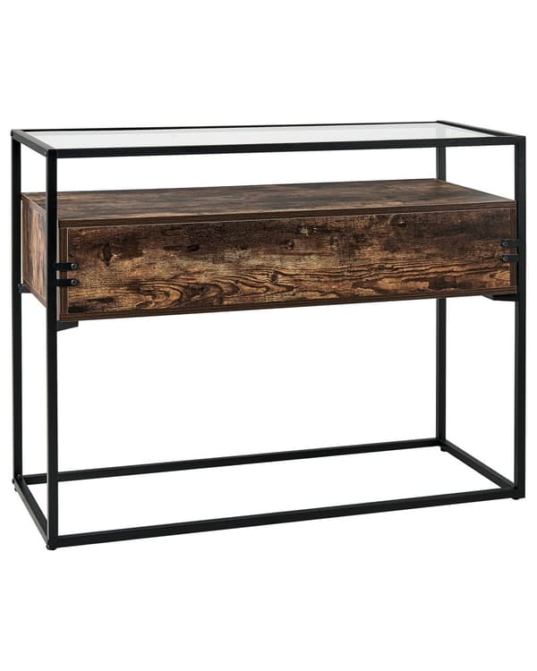 Konsolbord Mörk Trä med Svart Glasskiva Metallram Förvaringsfunktion Rektangulär Modern Design