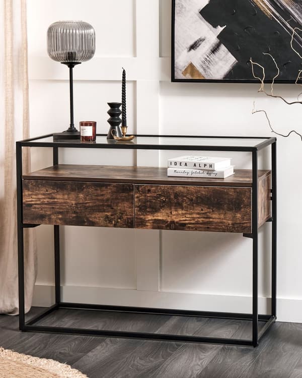 Konsolbord Mörk Trä med Svart Glasskiva Metallram Förvaringsfunktion Rektangulär Modern Design