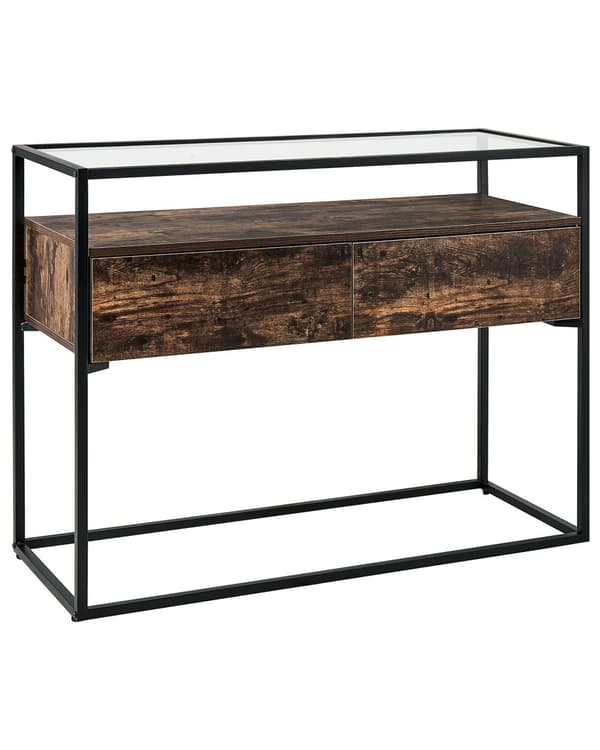 Konsolbord Mörk Trä med Svart Glasskiva Metallram Förvaringsfunktion Rektangulär Modern Design