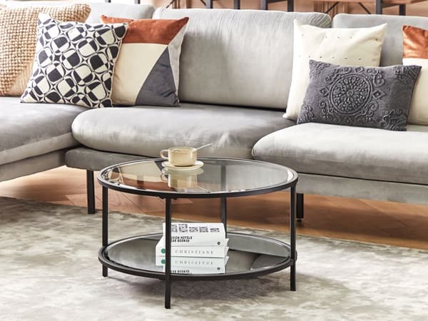 Soffbord Svart Härdat Glas Järn 70 cm med Speglad Hylla Modern Vardagsrum Möbler