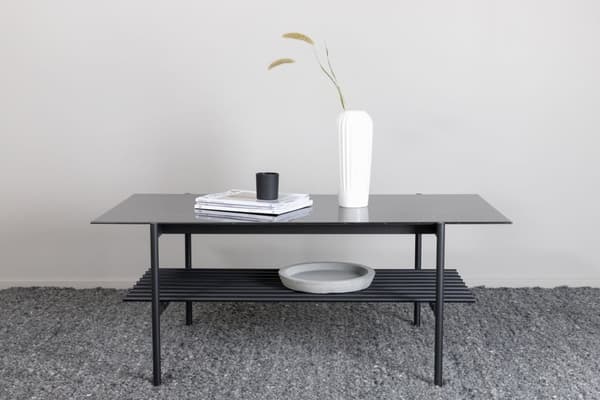 VonStaf sofabord med hylle 60x120 cm glass svart marmor dekor.