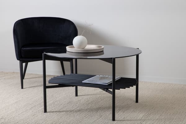 VonStaf sofabord med hylle Ø80 cm glass svart marmor dekor.