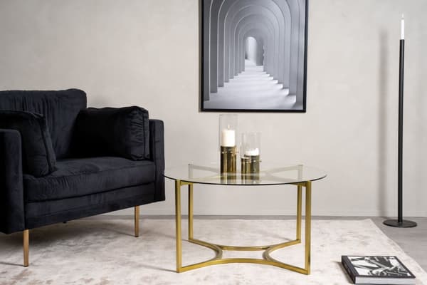 Kivik sofabord Ø90 cm glas røgfarvet, børstet messing.