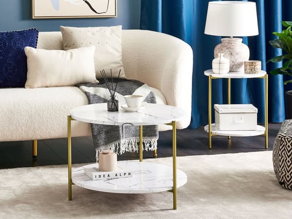 Sofabord Hvid med guld MDF jern ⌀ 50 cm med hylde Metalben Moderne Glam Stue