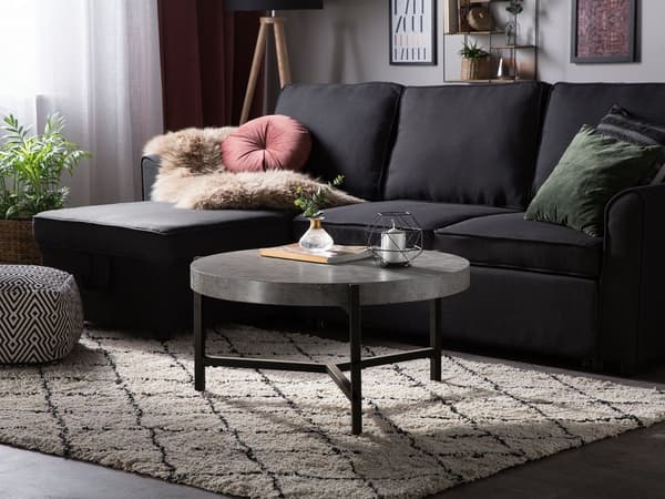 Sofabord Grå Betongeffekt Topp Svart Metallben 75 cm Rund Moderne Industri Stue