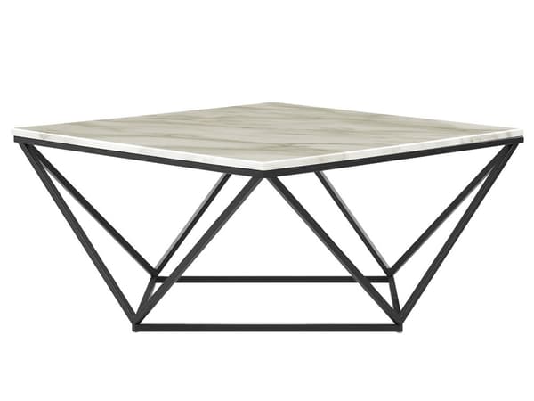 Sofabord Beige bordplate Svart metallunderstell 80 x 80 cm Produsert tre Marmorfinish Glamorøs design
