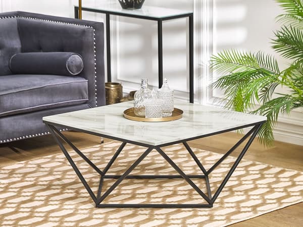 Sofabord Beige bordplate Svart metallunderstell 80 x 80 cm Produsert tre Marmorfinish Glamorøs design