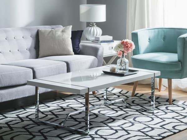 Sofabord Hvit 120 x 60 cm Metallben i Sølv Rektangulær Topplate i Høyglans Moderne Design