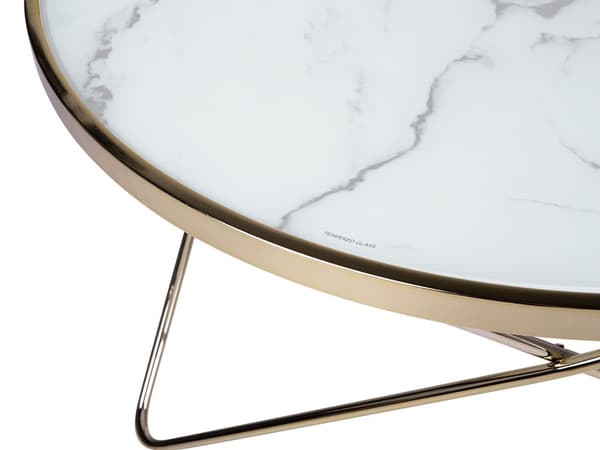 Sofabord Hvit marmoreffekt Gull Bordplate i herdet glass Metallben ø 80 cm Rund form Moderne og glamorøs stil Salongbord Stue