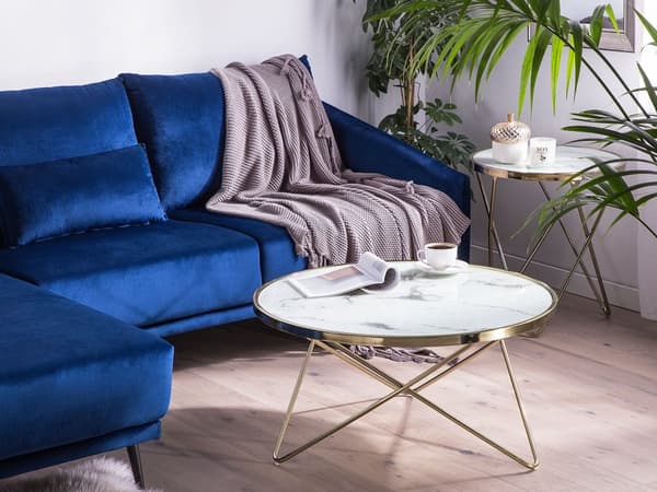 Sofabord Hvit marmoreffekt Gull Bordplate i herdet glass Metallben ø 80 cm Rund form Moderne og glamorøs stil Salongbord Stue