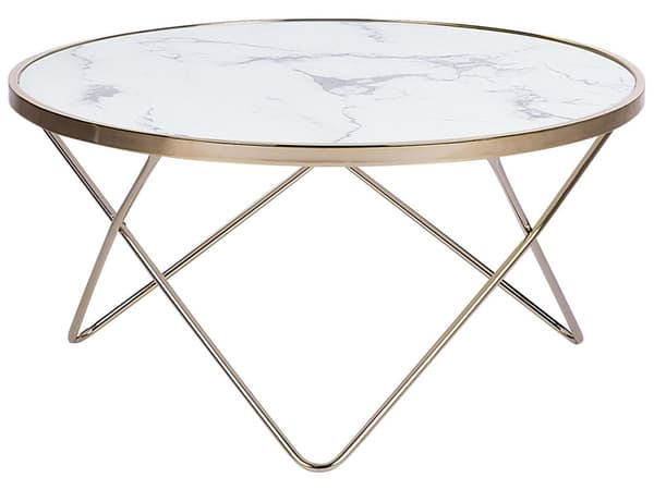 Sofabord Hvit marmoreffekt Gull Bordplate i herdet glass Metallben ø 80 cm Rund form Moderne og glamorøs stil Salongbord Stue