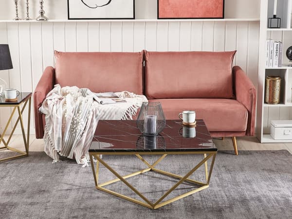 Sofabord Svart bordplate Gyllent metallunderstell Produsert treverk Marmorfinish Glamorøs design