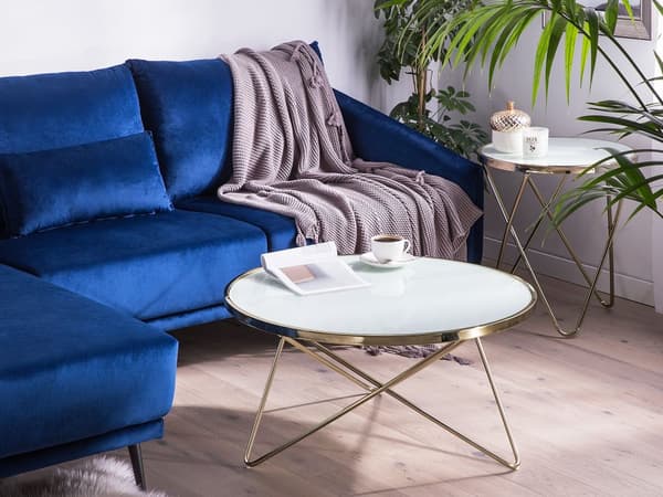 Sofabord Hvit Gull Bordplate i herdet glass Metallben ø 80 cm Rund form Moderne og glamorøs stil Salongbord Stue