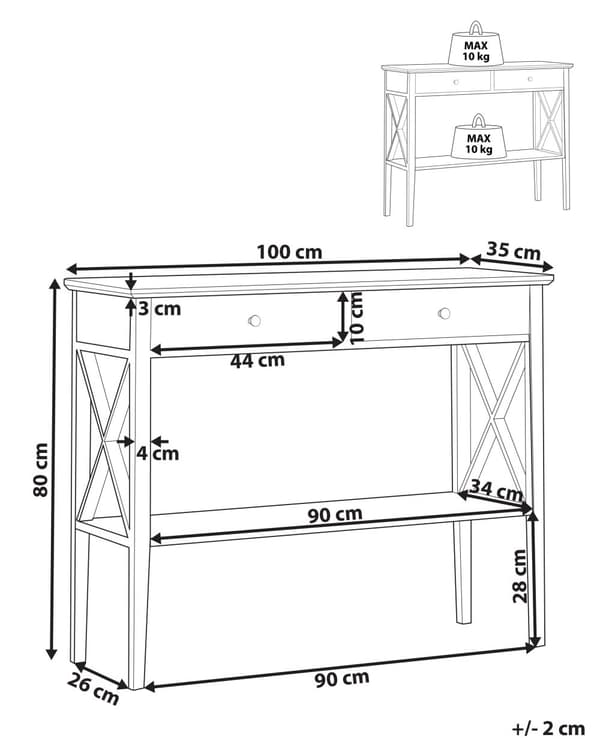 Konsollbord Hvit 80 x 100 cm 2 skuffer og 1 hylle Gang Stue Klassisk Rustikk