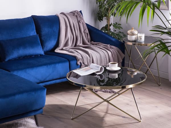 Sofabord Svart Gull Bordplate i herdet glass Metallben ø 80 cm Rund form Moderne og glamorøs stil Salongbord Stue