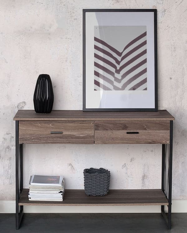 Sidebord Taupe Tre Svart Metallramme 2 Oppbevaringsskuffer Hylle Sminkebord Industrielt