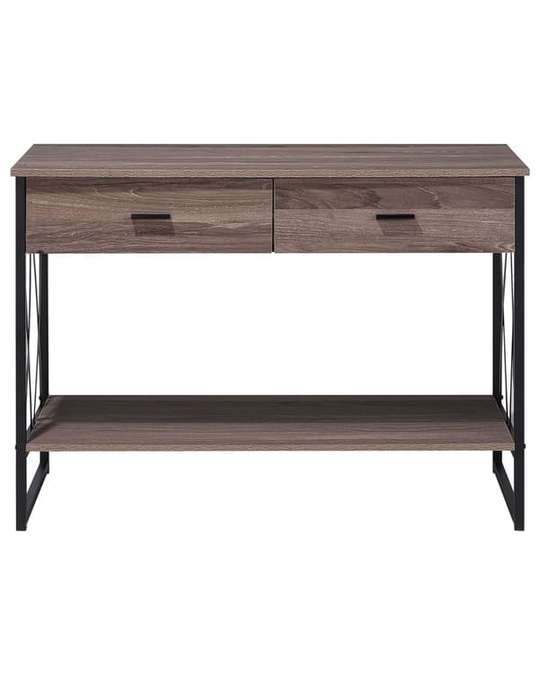 Sidebord Taupe Tre Svart Metallramme 2 Oppbevaringsskuffer Hylle Sminkebord Industrielt