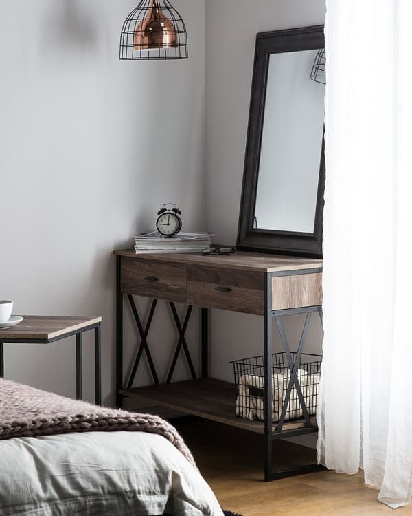 Sidebord Taupe Tre Svart Metallramme 2 Oppbevaringsskuffer Hylle Sminkebord Industrielt