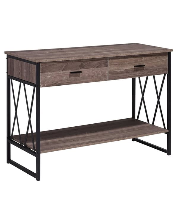 Sidebord Taupe Tre Svart Metallramme 2 Oppbevaringsskuffer Hylle Sminkebord Industrielt