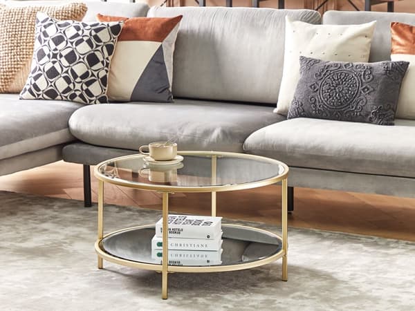 Sofabord Gull Herdet Glass Jern 70 cm Hylle Rund Glam Moderne Stuemøbler