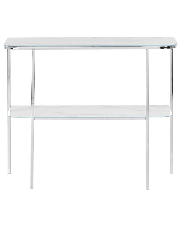 Konsollbord hvit sølv hedret glass stål marmoreffekt 100 x 33 cm glam stue soverom gang