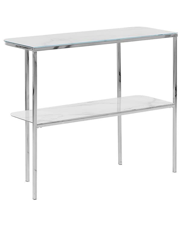 Konsollbord hvit sølv hedret glass stål marmoreffekt 100 x 33 cm glam stue soverom gang