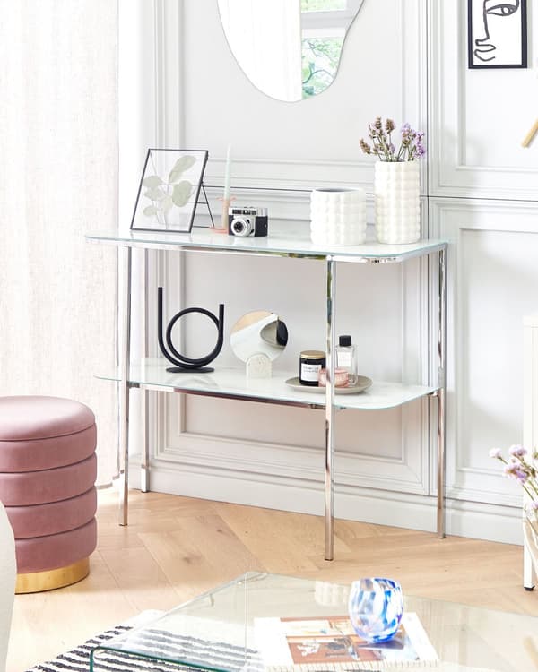 Konsollbord hvit sølv hedret glass stål marmoreffekt 100 x 33 cm glam stue soverom gang