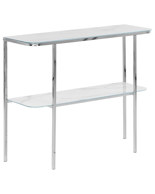 Konsollbord hvit sølv hedret glass stål marmoreffekt 100 x 33 cm glam stue soverom gang