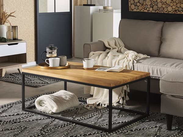 Sofabord i lyst tre Teak Rektangulær plate Svart metallramme