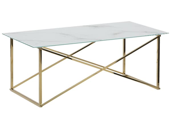Rektangulært Sofabord Marmoreffekt Hvit plate Gullben Herdet Glassplate Understell i Rustfritt Stål 100 x 50 cm Glam Minimalist