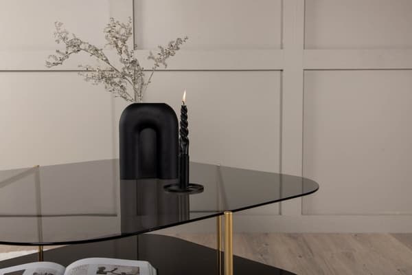 Un-line sofabord 85x85cm messing dekor, glas røgfarvet.