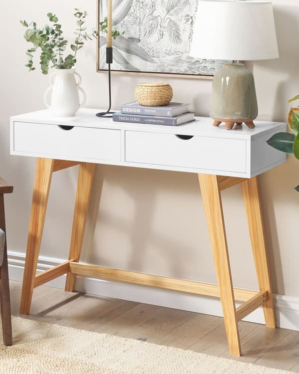 Konsolbord Vit med Ljust Trä MDF Träben 101 x 36 x 78 cm 2 lådor Hall Vardagsrumsmöbler Skandinavisk Stil