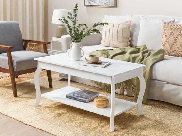 Sofabord Hvid MDF Træ 50 x 100 cm Moderne Aflangt Bord til Stuen med Hylde Opbevaringsplads Design Stue Dekoration Tilbehør