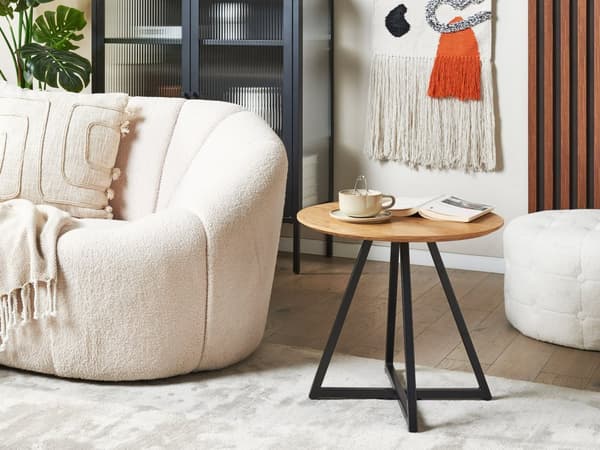 Sivupöytä vaalea puu musta 50 x 46 x 50 cm MDF metalli pyöreä muovitassut moderni industriaalinen