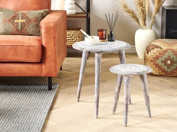 Indskudsborde Gråhvid Mangotræ 53 / 40 cm Små Runde Sideborde til Sofa Stuen med Blomstermønster Antik Entré Tilbehør Lampebord Indretning