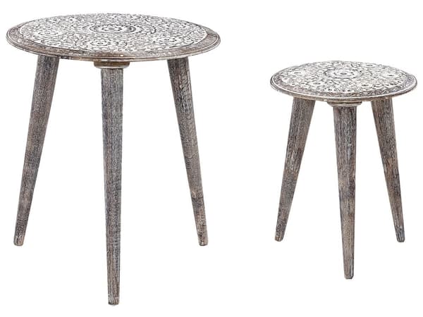 Indskudsborde Gråhvid Mangotræ 53 / 40 cm Små Runde Sideborde til Sofa Stuen med Blomstermønster Antik Entré Tilbehør Lampebord Indretning