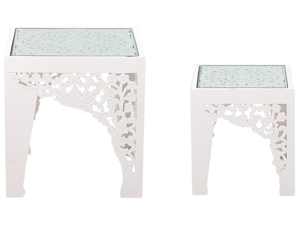 Indskudsborde Hvid Mangotræ Glas Sæt af 2 Antik Orientalsk Sideborde til Sofa med Mønster Stuen Små Hjørneborde Entré Tilbehør Lampebord