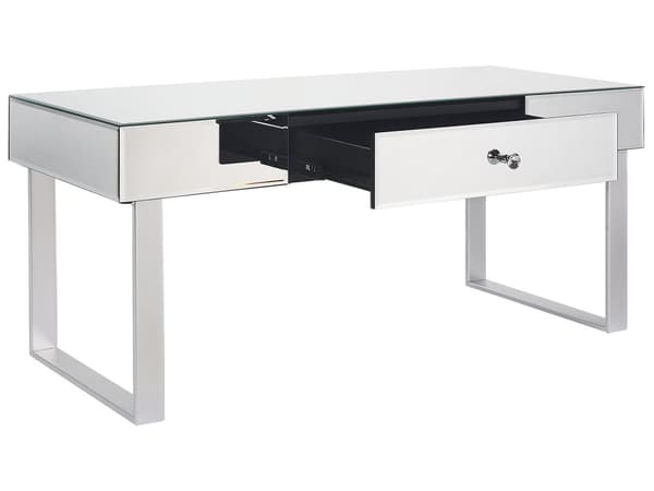 Salongbord Sølv Glass Speilet med Skuff 110 x 47 cm Falsk Krystall Knott Metall Sled Base Glam