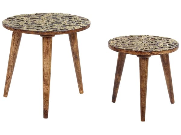 Sæt med 2 Sideborde Mørkt Træ og Guld Rund Vintage Sideborde til stuen Retro Stil