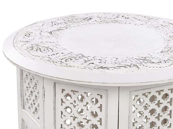 Sidobord Off-white med Snidat Mönster Sliten Finish Vardagsrum Hall Rustik Orientalisk Design
