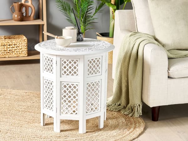 Sidobord Off-white med Snidat Mönster Sliten Finish Vardagsrum Hall Rustik Orientalisk Design