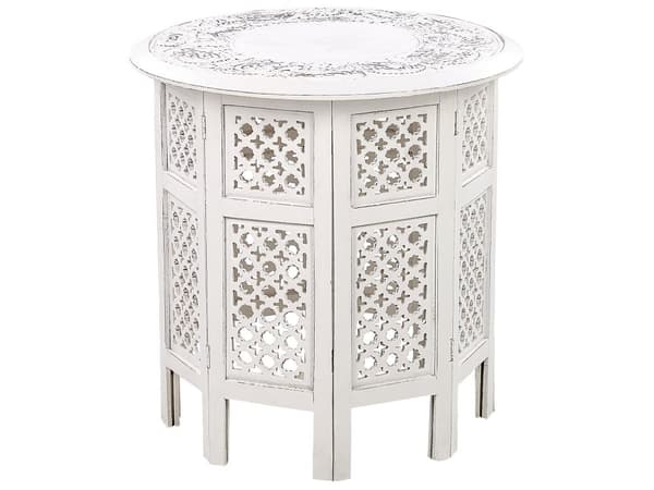 Sidobord Off-white med Snidat Mönster Sliten Finish Vardagsrum Hall Rustik Orientalisk Design